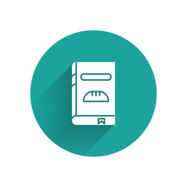 Beyaz Yemek Kitabı simgesi uzun gölgeli izole edilmiş. Yemek kitabı ikonu. Yemek tarifi kitabı. Çatal ve bıçak ikonları. Çatal bıçak sembolü. Yeşil daire düğmesi. Vektör İllüstrasyonu