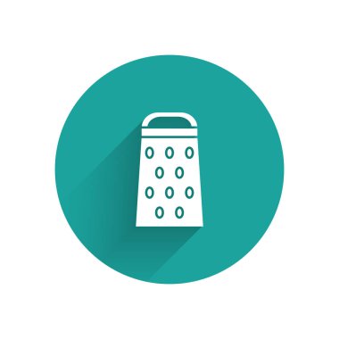 Beyaz Grater simgesi uzun gölgeli. Mutfak sembolü. Mutfak aletleri. Çatal bıçak seti. Yeşil daire düğmesi. Vektör İllüstrasyonu