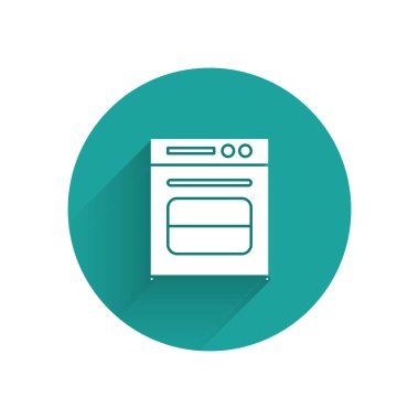 Uzun gölgeli beyaz fırın simgesi. Fırın tabelası. Yeşil daire düğmesi. Vektör İllüstrasyonu