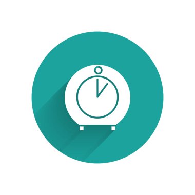 Beyaz Mutfak zamanlayıcı simgesi uzun gölgeli. Mutfak aletleri. Yeşil daire düğmesi. Vektör İllüstrasyonu