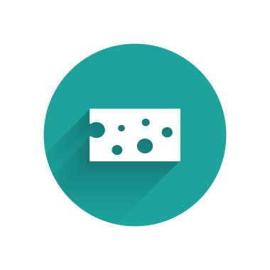 Beyaz Peynir simgesi uzun gölgeli izole edilmiş. Yeşil daire düğmesi. Vektör İllüstrasyonu