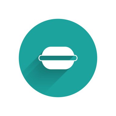 Uzun gölgeli beyaz makarna kurabiye ikonu. Makarna tatlı fırın. Yeşil daire düğmesi. Vektör İllüstrasyonu