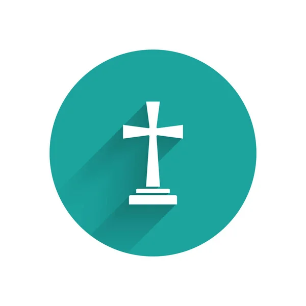 Lápida blanca con icono de cruz aislado con sombra larga. Icono de tumba. Botón círculo verde. Ilustración vectorial — Archivo Imágenes Vectoriales