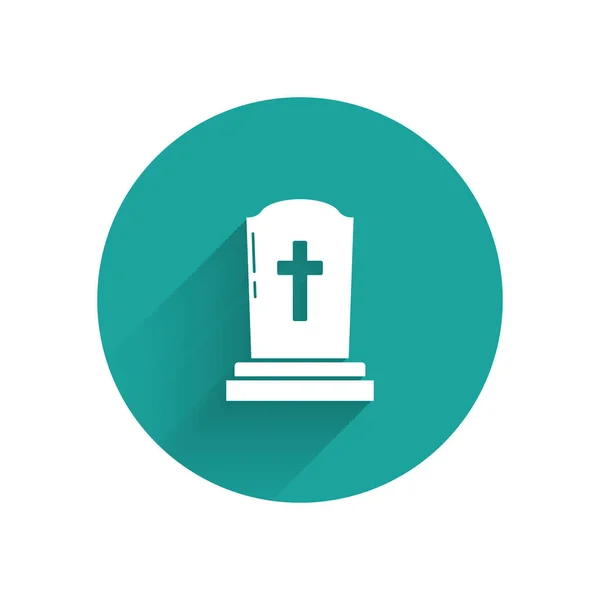 White Tombstone with cross icon isolated with long shadow. Grave icon. Green circle button. Vector Illustration — Stock Vector