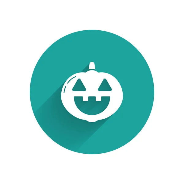 Ícone de abóbora branca isolado com sombra longa. Feliz festa de Halloween. Botão de círculo verde. Ilustração vetorial — Vetor de Stock