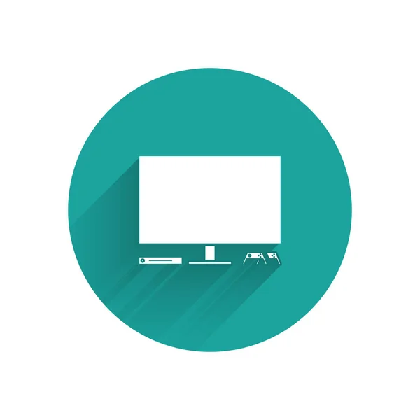 Weißes Symbol der Videospielkonsole, isoliert mit langem Schatten. Spielkonsole mit Joystick und LCD-Fernseher. grüner Kreis-Knopf. Vektorillustration — Stockvektor