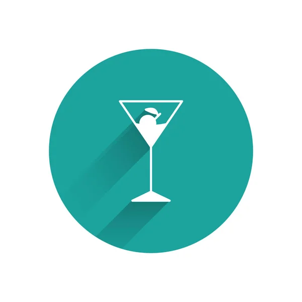 Bílé Martini skleněná ikona izolovaná s dlouhým stínem. Ikona koktejlu. Ikona sklenice. Zelený knoflík. Vektorová ilustrace — Stockový vektor