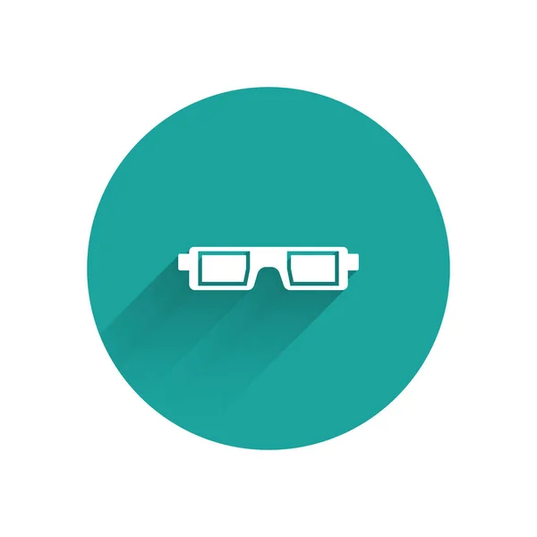 Weiße 3D-Kinobrille isoliert mit langem Schatten. Grüner Kreis-Knopf. Vektorillustration — Stockvektor
