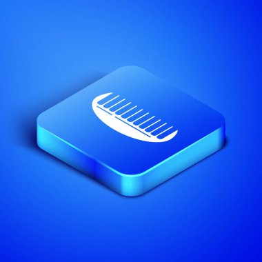 Mavi arkaplanda Isometric Hairbrush simgesi izole edildi. Taraklı saç işareti. Berber sembolü. Mavi kare düğme. Vektör İllüstrasyonu