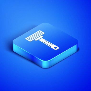 Isometric tıraş makinesi simgesi mavi arka planda izole edildi. Mavi kare düğme. Vektör İllüstrasyonu