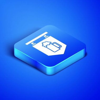 Mavi arka planda izole edilmiş bira ikonu dolu Isometric Caddesi tabelası. Reklamlar için uygun bar, kafe, bar, restoran. Mavi kare düğme. Vektör İllüstrasyonu