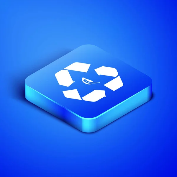 Isométrica Reciclagem símbolo e folha ícone isolado no fundo azul. Meio ambiente reciclável ficar verde. Botão quadrado azul. Ilustração vetorial —  Vetores de Stock