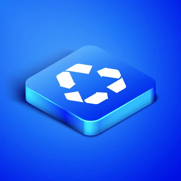 Isometric Recycle symbol icon isolated on blue background. Circular arrow icon. Environment recyclable go green. Blue square button. Vector Illustration — Stock Vector