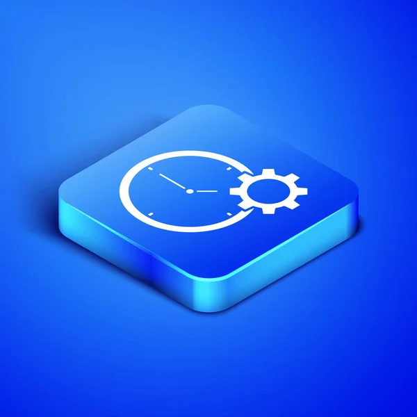 Icône Isometric Time Management isolée sur fond bleu. Horloge et enseigne. Le symbole de productivité. Bouton carré bleu. Illustration vectorielle — Image vectorielle