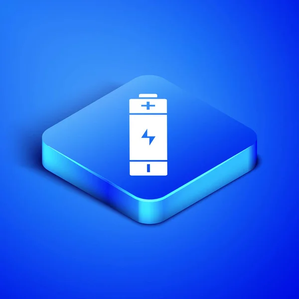 Isometrisches Batterie-Symbol isoliert auf blauem Hintergrund. Blitz-Symbol. blauer quadratischer Knopf. Vektorillustration — Stockvektor