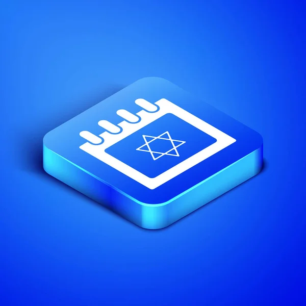 Isometrische Joodse kalender met ster van David pictogram geïsoleerd op blauwe achtergrond. Chanoeka kalenderdag. Blauwe vierkante knop. Vector Illustratie — Stockvector