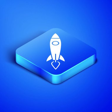 Mavi arka planda ateş ikonu olan Isometric Rocket gemisi. Uzay yolculuğu. Mavi kare düğme. Vektör İllüstrasyonu