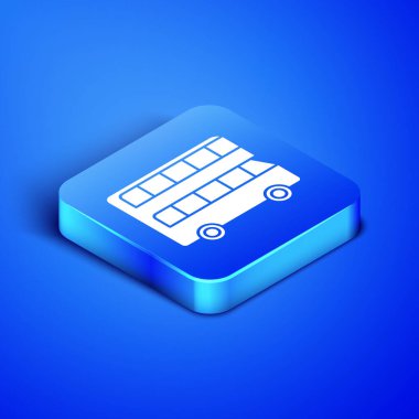 Isometric Çift katlı otobüs simgesi mavi arkaplanda izole edildi. Londra klasik yolcu otobüsü. Toplu taşıma sembolü. Mavi kare düğme. Vektör İllüstrasyonu