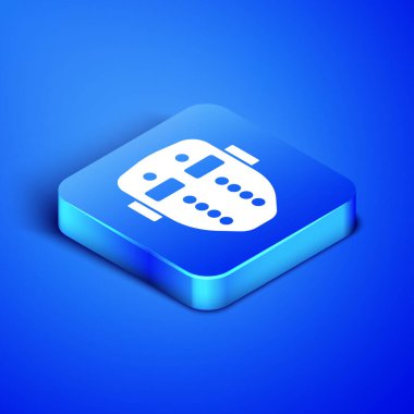 Isometric Hockey maskesi simgesi mavi arkaplanda izole edildi. Mutlu Cadılar Bayramı Partisi. Mavi kare düğme. Vektör İllüstrasyonu