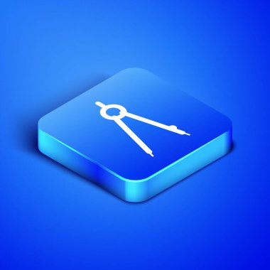 Isometric Çizim pusula simgesi mavi arkaplanda izole edildi. Pusula işareti. Çizim ve eğitim araçları. Geometrik alet. Mavi kare düğme. Vektör İllüstrasyonu