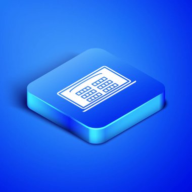 Isometric Buy cinema ticket online icon isolated on blue background. Service Concept. Blue square button. Vector Illustration