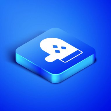 Isometric Oven eldiven ikonu mavi arkaplanda izole edildi. Mutfak tutacağı işareti. Yemek eldiveni. Mavi kare düğme. Vektör İllüstrasyonu