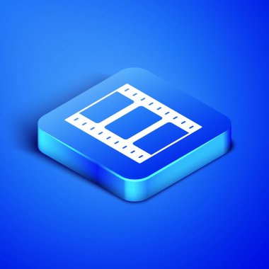 Isometric Video simgesi mavi arkaplanda izole edildi. Film şeridi tabelası. Mavi kare düğme. Vektör İllüstrasyonu