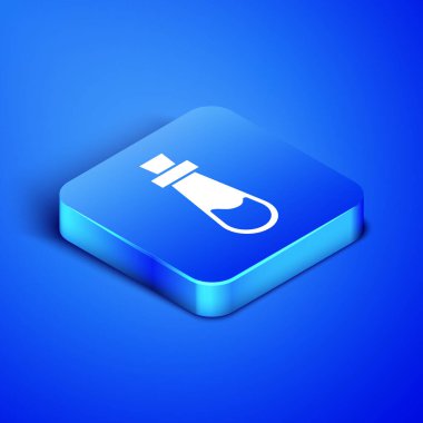 Mavi arka planda iksir ikonu olan Isometric Bottle. Sihirli iksirli matara. Mutlu Cadılar Bayramı Partisi. Mavi kare düğme. Vektör İllüstrasyonu