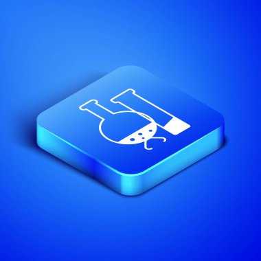 Isometric Test tüpü ve matara - mavi arkaplanda izole edilmiş kimyasal laboratuvar ikonu. Laboratuvar cam levhası. Mavi kare düğme. Vektör İllüstrasyonu