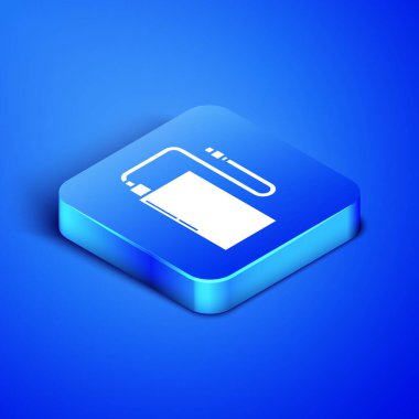 Farklı şarj kablosu simgesine sahip Isometric Power Bankası mavi arka planda izole edildi. Taşınabilir şarj cihazı. Mavi kare düğme. Vektör İllüstrasyonu
