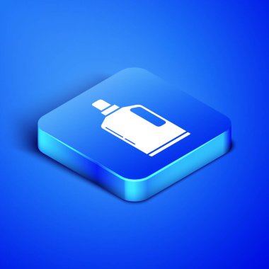 Sıvı çamaşır deterjanı, çamaşır suyu, bulaşık deterjanı ya da mavi arka planda izole edilmiş başka bir temizlik maddesi ikonu için Isometric Plastik şişe. Mavi kare düğme. Vektör İllüstrasyonu