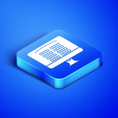 Isometric Buy cinema ticket online icon isolated on blue background. Service Concept. Blue square button. Vector Illustration
