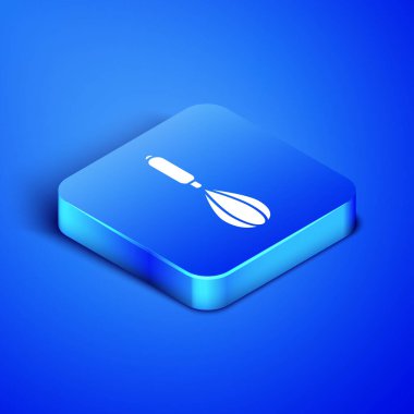 Isometric Kitchen whisk icon isolated on blue background. Cooking utensil, egg beater. Cutlery sign. Food mix symbol. Blue square button. Vector Illustration