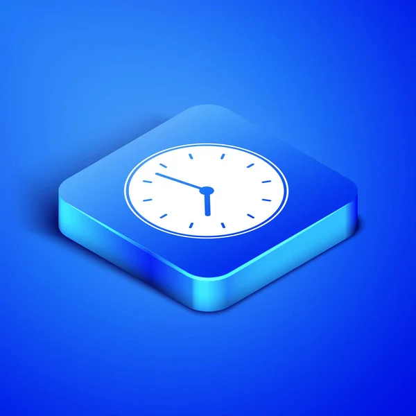 Icono del reloj isométrico aislado sobre fondo azul. Símbolo de tiempo. Botón cuadrado azul. Ilustración vectorial — Vector de stock