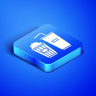 Isometric Popcorn in cardboard box and paper glass with drinking straw and water icon isolated on blue background. Soda drink glass. Blue square button. Vector Illustration