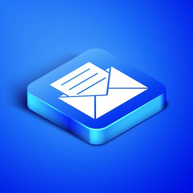 Isometric Envelope with invitation card icon isolated on blue background. Blue square button. Vector Illustration
