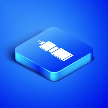 Sıvı çamaşır deterjanı, çamaşır suyu, bulaşık deterjanı ya da mavi arka planda izole edilmiş başka bir temizlik maddesi ikonu için Isometric Plastik şişe. Mavi kare düğme. Vektör İllüstrasyonu