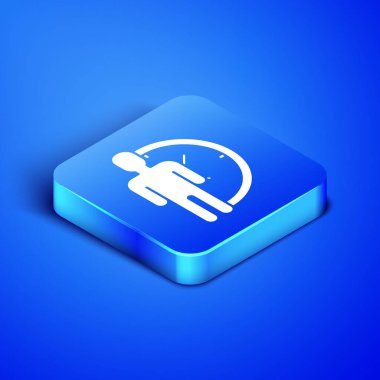 Mavi arka planda yalıtılmış izometrik zaman yönetimi simgesi. Saat ve vites işareti. Verimlilik sembolü. Mavi kare düğmesi. Vektör Illustration