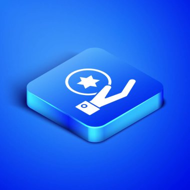 Mavi arka planda izole edilmiş el simgesindeki Isome Yahudi sikkesi. Para birimi sembolü. Mavi kare düğme. Vektör İllüstrasyonu