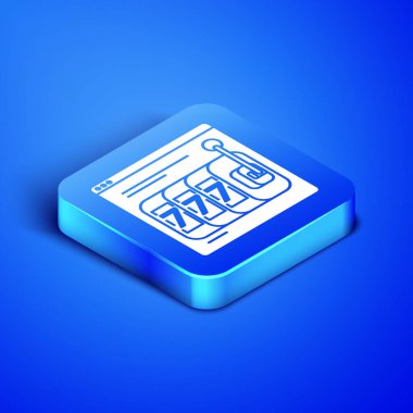 Isometric Online slot makinesi mavi arka planda izole edilmiş şanslı yedili ikramiye ikonu. İnternetteki kumarhane. Mavi kare düğme. Vektör İllüstrasyonu