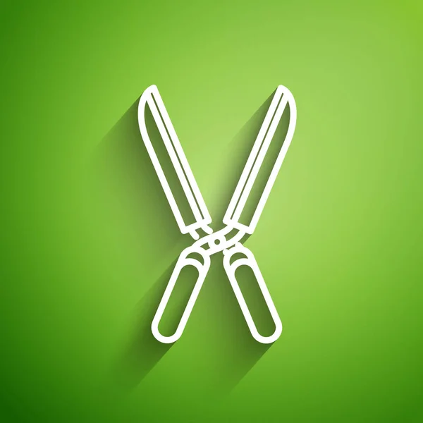 Белая линия Садовые ножницы ручной работы для триколора выделены на зеленом фоне. Обрезка ножниц с деревянными ручками. Векторная миграция — стоковый вектор