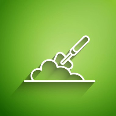 Yeşil arka planda izole edilmiş beyaz çizgi bahçe küreği ya da yerdeki kürek ikonu. Bahçe aletleri. Bahçecilik, tarım, çiftçilik aleti. Vektör İllüstrasyonu