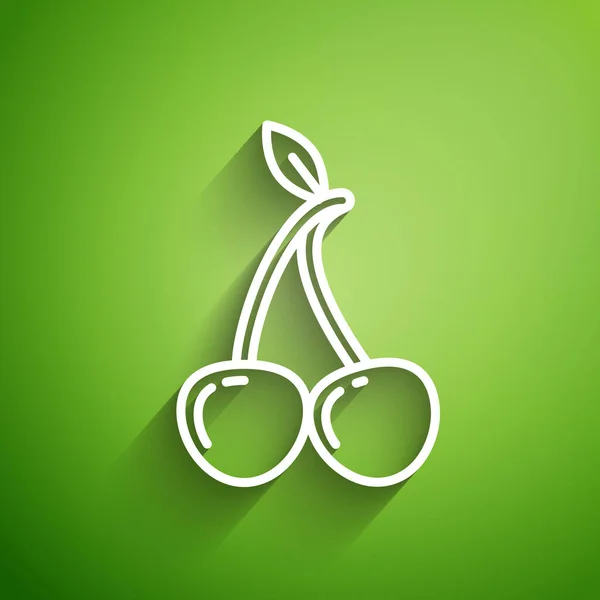 Weiße Linie Kirsche Symbol isoliert auf grünem Hintergrund. Früchte mit Blattsymbol. Vektorillustration — Stockvektor