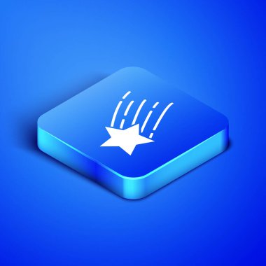 Isometric Kayan Yıldız simgesi mavi arkaplanda izole edildi. Yıldız izi ile kayan yıldız. Göktaşı, göktaşı, kuyruklu yıldız, asteroid, yıldız ikonu. Mavi kare düğme. Vektör İllüstrasyonu