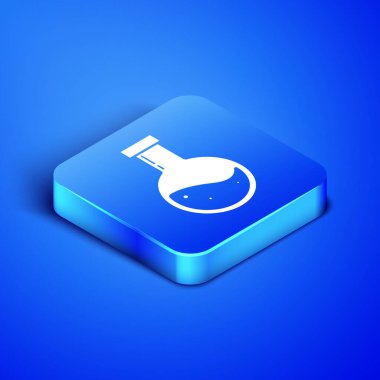 Mavi arka planda iksir ikonu olan Isometric Bottle. Sihirli iksirli matara. Mutlu Cadılar Bayramı Partisi. Mavi kare düğme. Vektör İllüstrasyonu