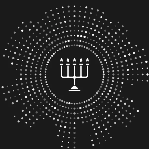 White Hanukkah menorah icon isolated on grey background. Hanukkah traditional symbol. Holiday religion, jewish festival of Lights. Abstract circle random dots. Vector Illustration — Stock Vector