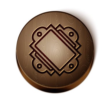 Kahverengi çizgi bilet simgesi beyaz arkaplanda izole edildi. Eğlence parkı. Tahta daire düğmesi. Vektör İllüstrasyonu