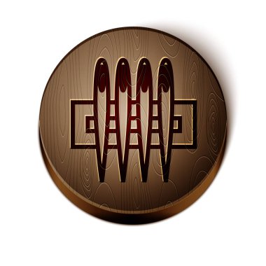 Kahverengi çizgi iğnesi beyaz arkaplanda izole edilmiş ikon dikmek için. Terzi sembolü. Tekstil el sanatları tabelasını diker. Nakış aletleri. Tahta daire düğmesi. Vektör İllüstrasyonu