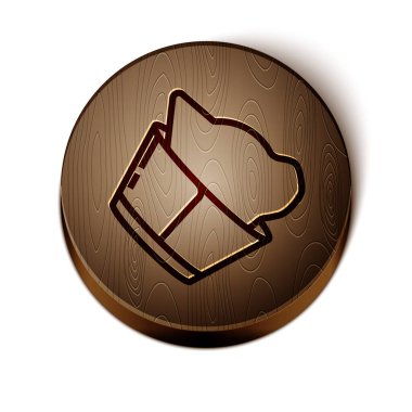 Kahverengi çizgi Veterinerlik Kliniği sembolü beyaz arka planda izole edilmiş. Kedi veterineri bakımı. Evcil hayvan ilk yardım işareti. Tahta daire düğmesi. Vektör İllüstrasyonu