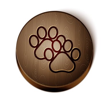 Kahverengi çizgi Paw yazdırma simgesi beyaz arkaplanda izole edildi. Köpek ya da kedi pençesi izi. Hayvan izleri. Tahta daire düğmesi. Vektör İllüstrasyonu